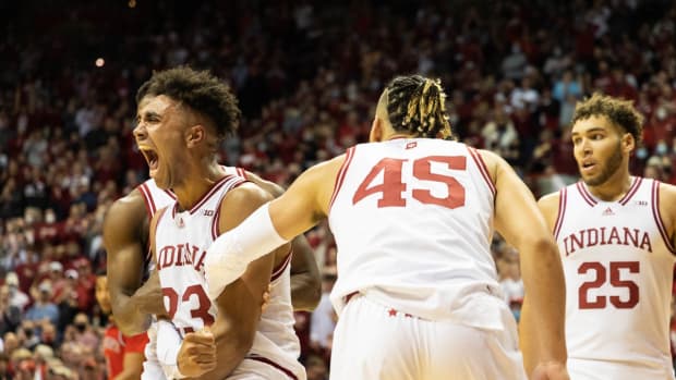 Nov 17, 2021; Bloomington, Indiana, USA; Indiana Hoosiers forward Trayce Jackson-Davis (23) celebrates a charge call in the second half against the St. John's Red Storm at Simon Skjodt Assembly Hall. Mandatory Credit: Trevor Ruszkowski-USA TODAY Sports